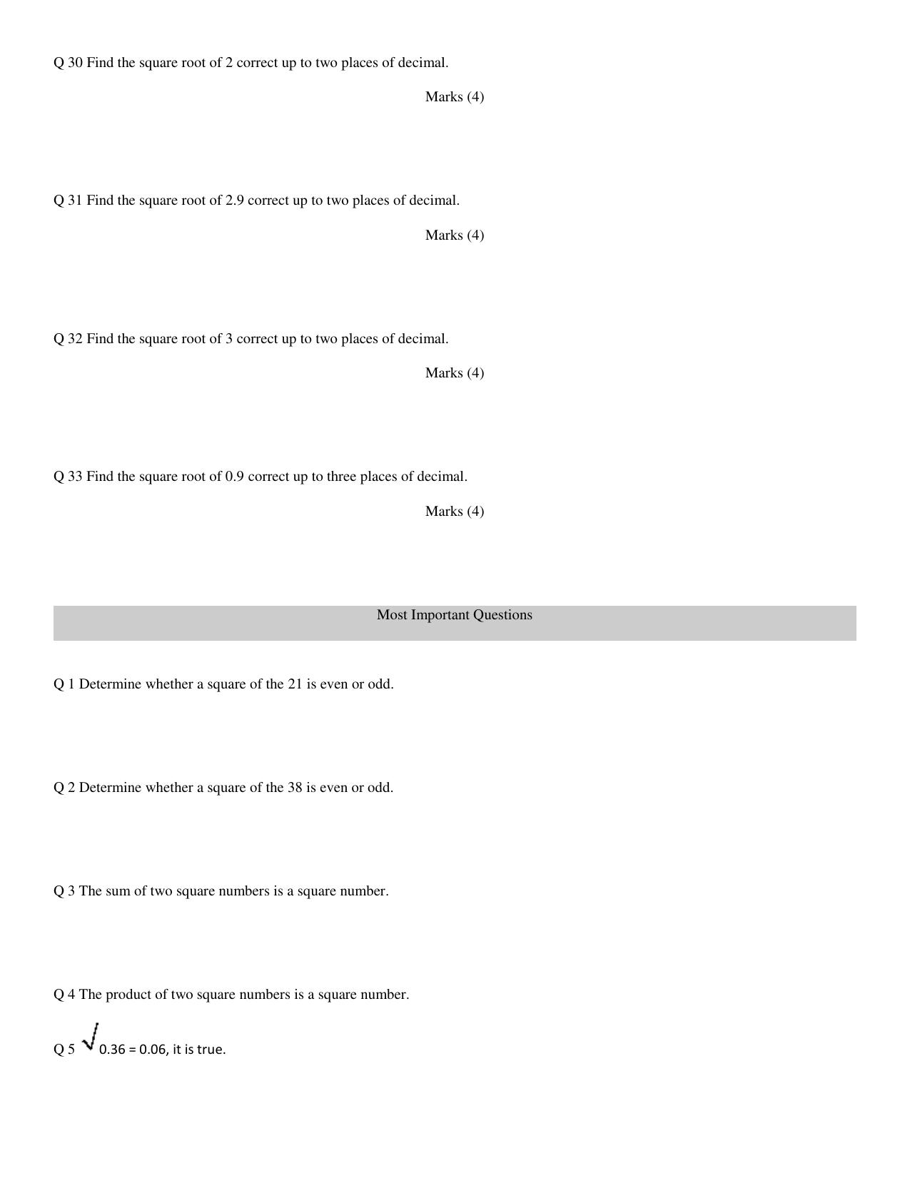 CBSE Worksheets for Class 8 Mathematics Square and Square Root Assignment 1 - Page 5