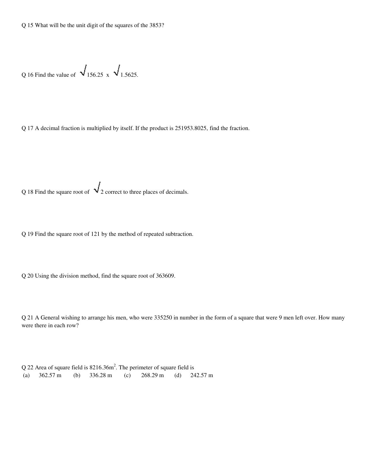 CBSE Worksheets for Class 8 Mathematics Square and Square Root Assignment 1 - Page 7