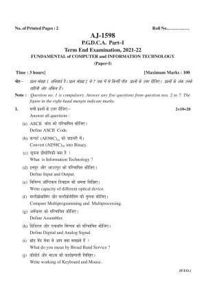 Bilaspur University Question Paper 2021-2022:P.G. Diploma In Computer Applications Fundamentals Of Computer And Information Technology paper 1