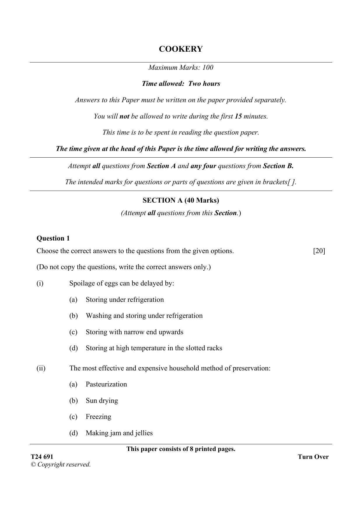 ICSE Class 10 Cookery 2024 Question Paper - Page 1