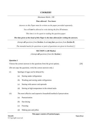 ICSE Class 10 Cookery 2024 Question Paper
