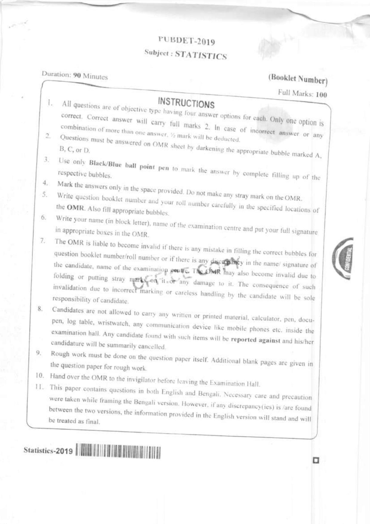 PUBDET 2019 Statistics Question Paper - Page 1