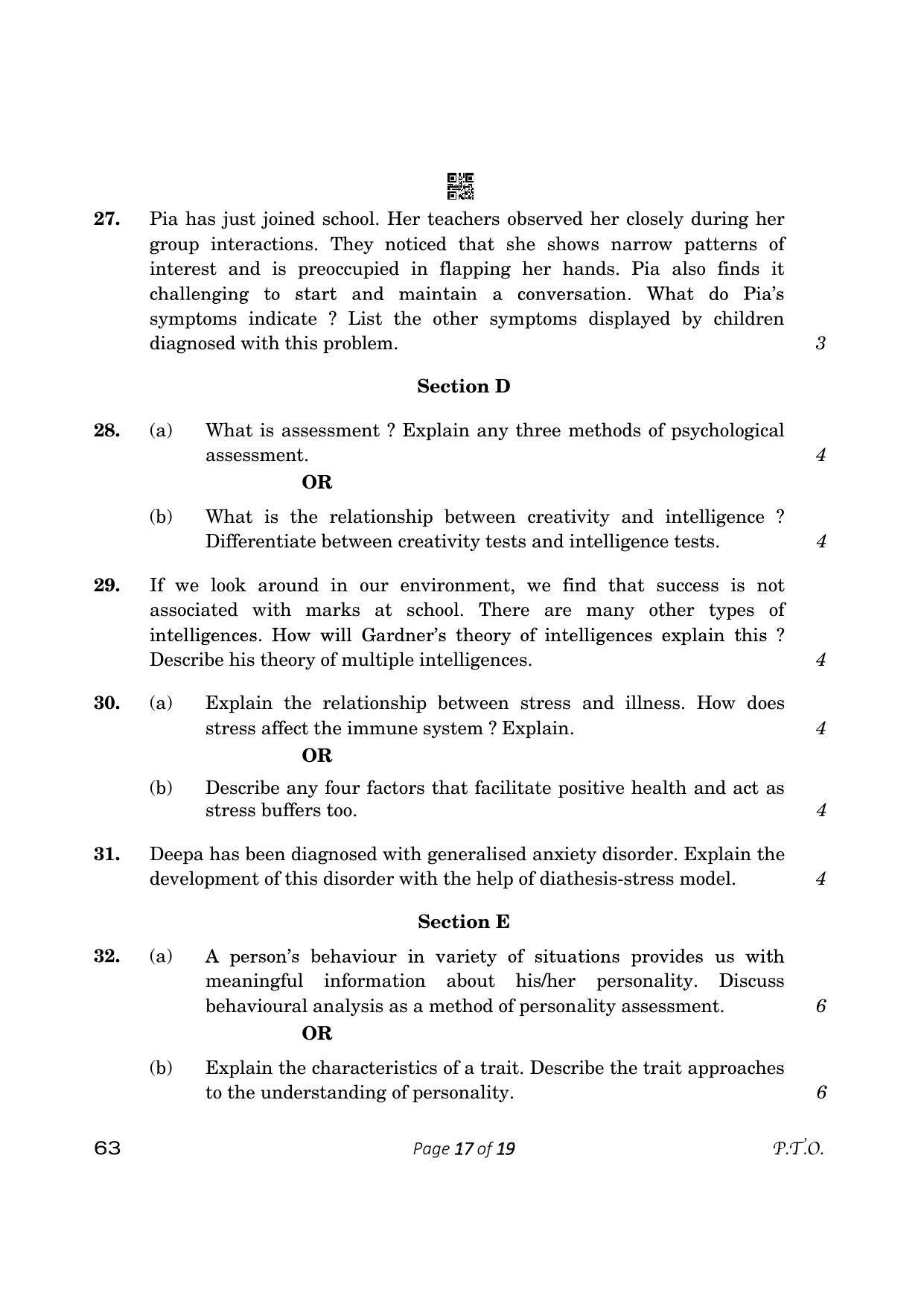 CBSE Class 12 Psychology (Compartment) 2023 Question Paper - Page 17