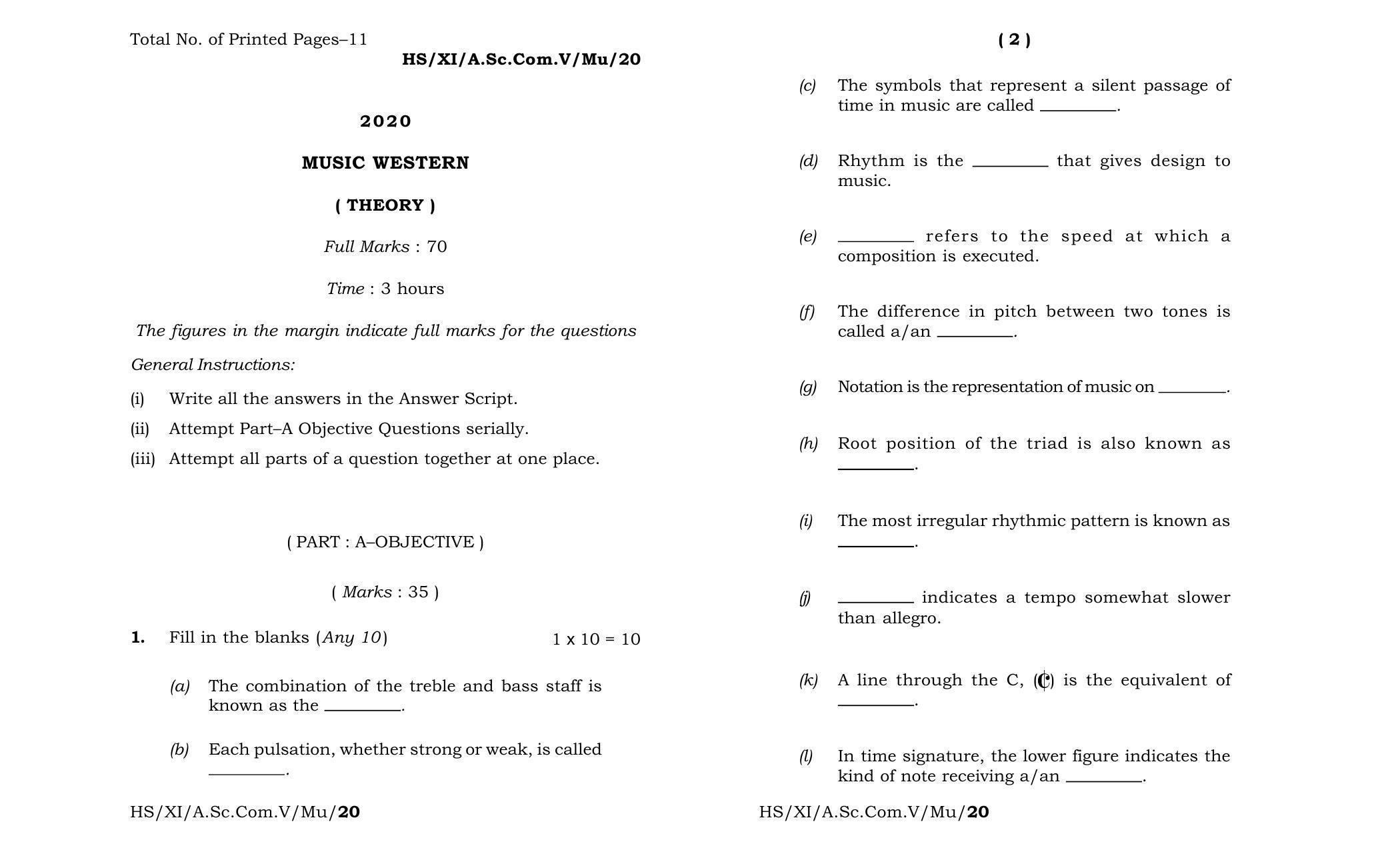 Meghalaya Board (MBOSE) Class 11 Music Western 2020 Question Paper - Page 1