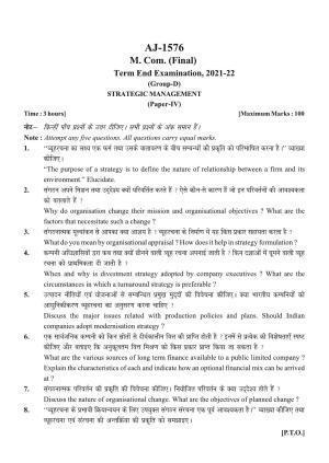 Bilaspur University Question Paper 2021-2022:M.COM (Final) Strategic Management Paper 1