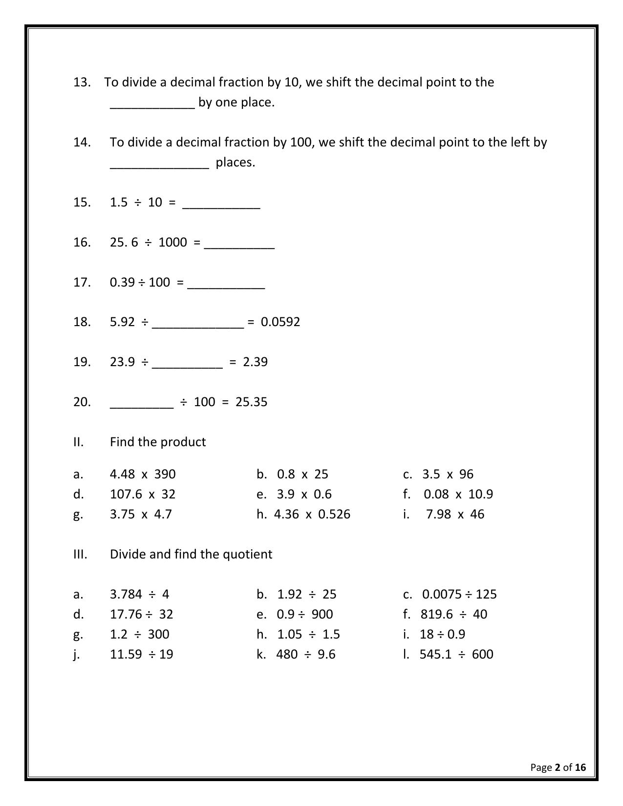Worksheet for Class 5 Maths Decimal and Average Assignment - Page 2
