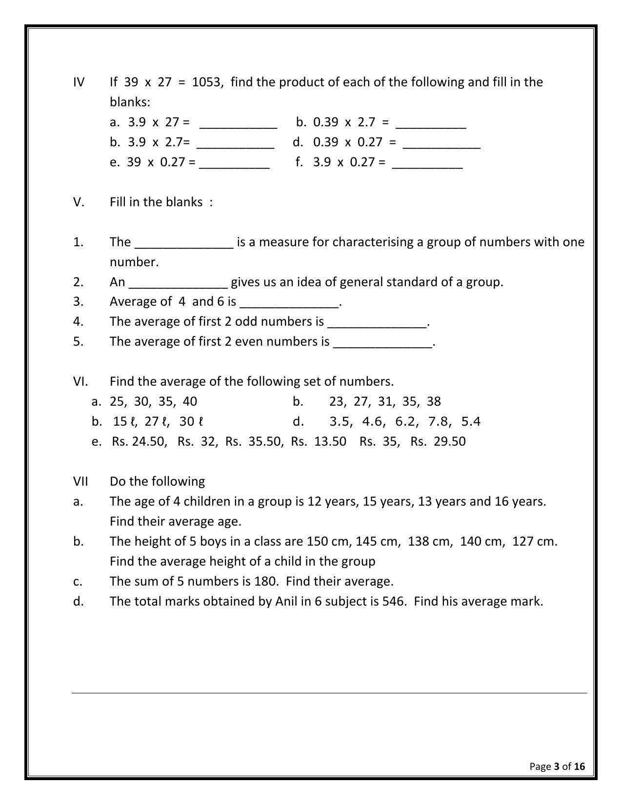 Worksheet for Class 5 Maths Decimal and Average Assignment - Page 3