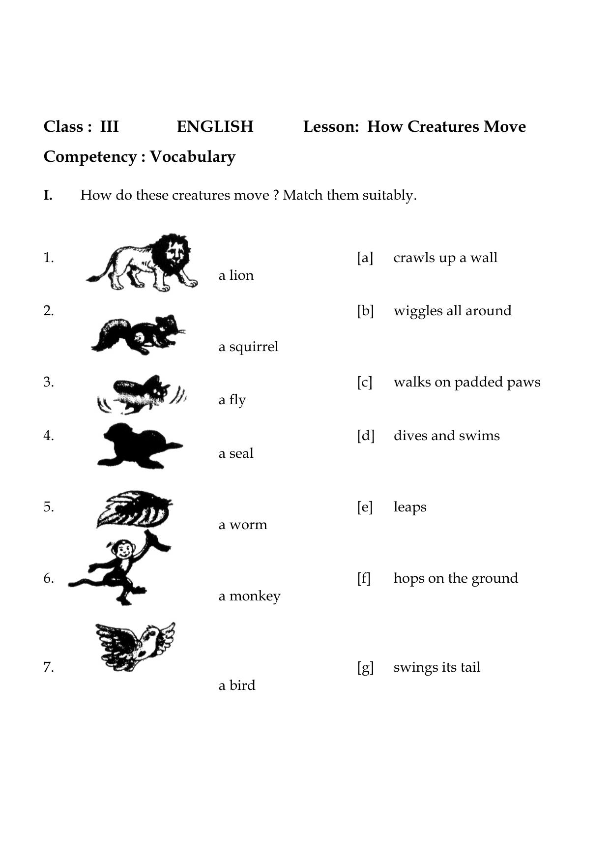 Worksheet for Class 3 English How Creatures Move Assignment - Page 1