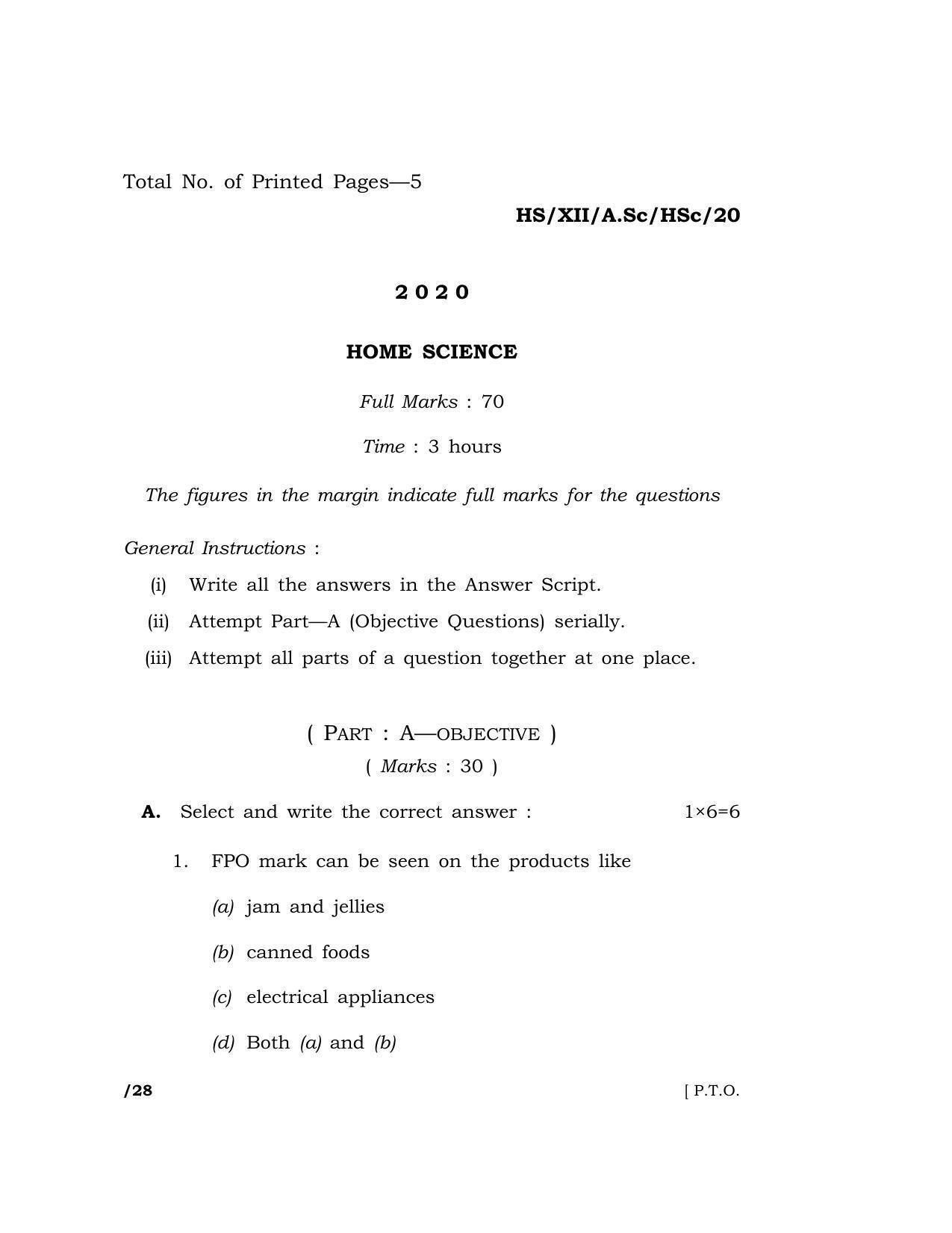 Meghalaya Board (MBOSE) Class 12 HOME SCIENCE 2020 Question Paper - Page 1