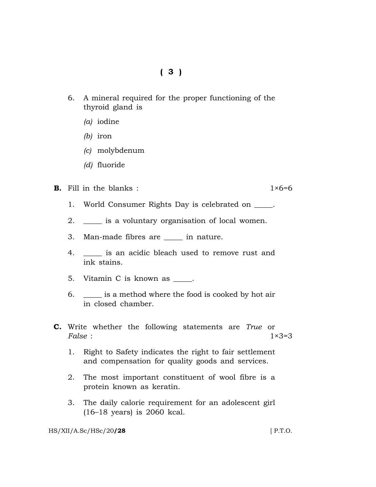 Meghalaya Board (MBOSE) Class 12 HOME SCIENCE 2020 Question Paper - Page 3