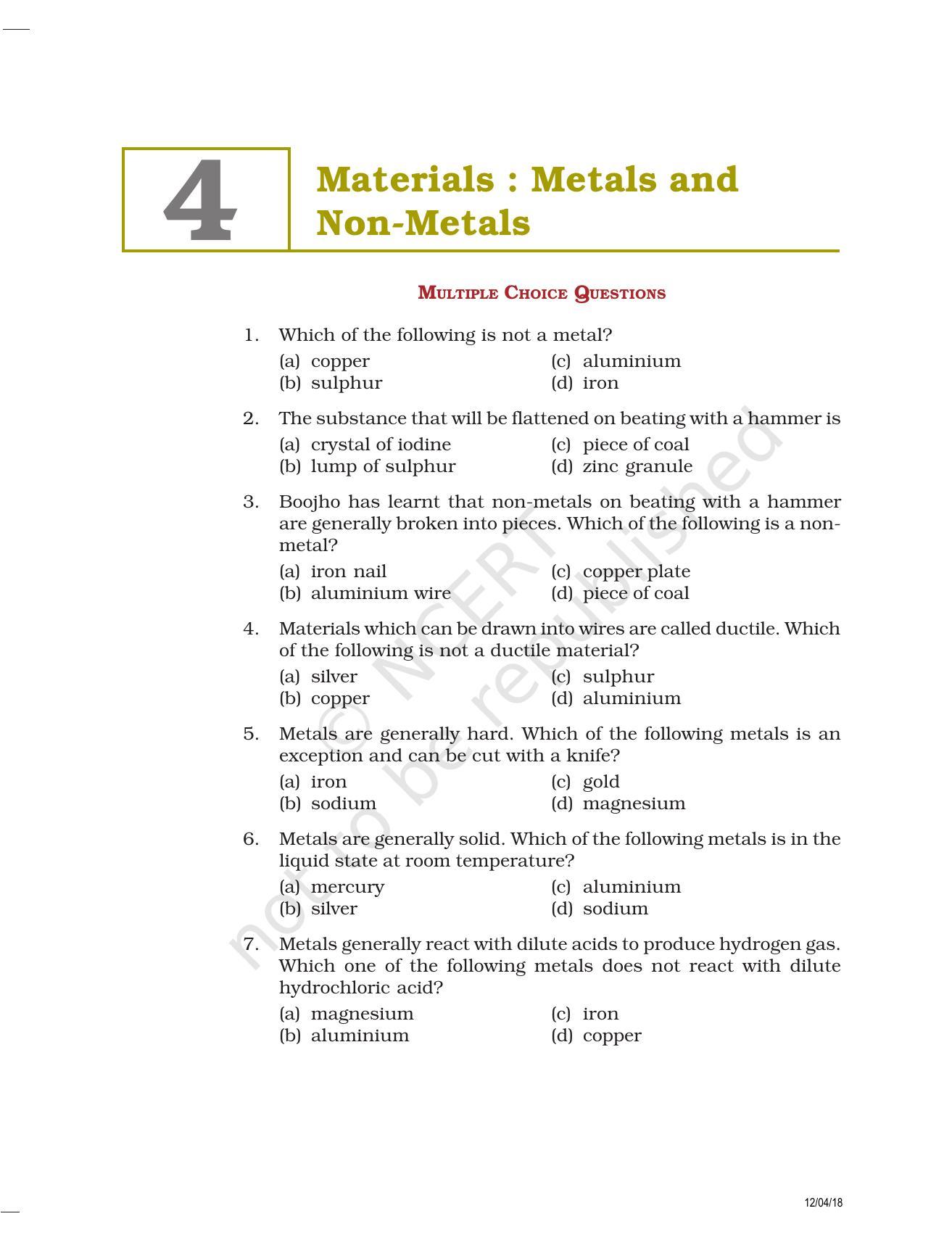 NCERT Exemplar Book for Class 8 Science: Chapter 4- Materials : Metals and Non-Metals - Page 1