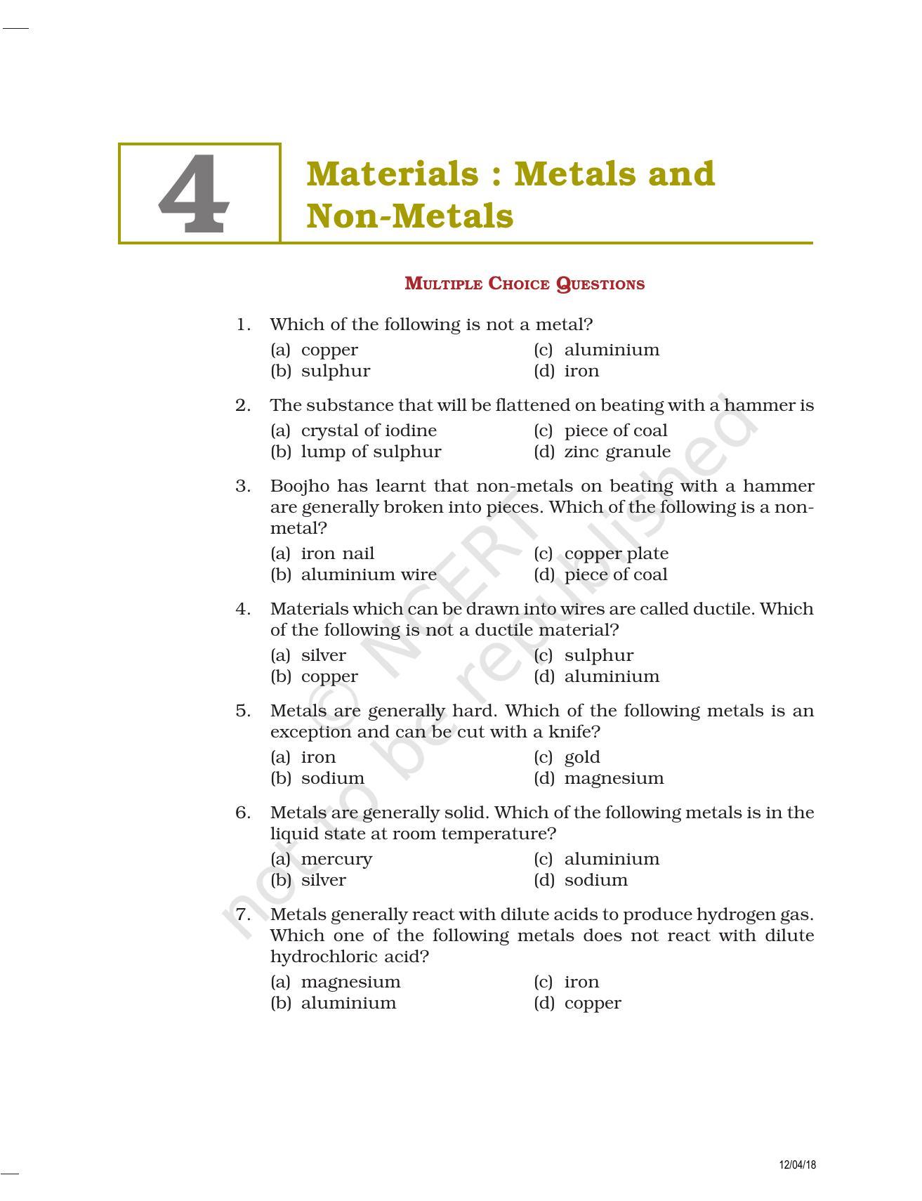 NCERT Exemplar Book for Class 8 Science: Chapter 4- Materials : Metals and Non-Metals - Page 1