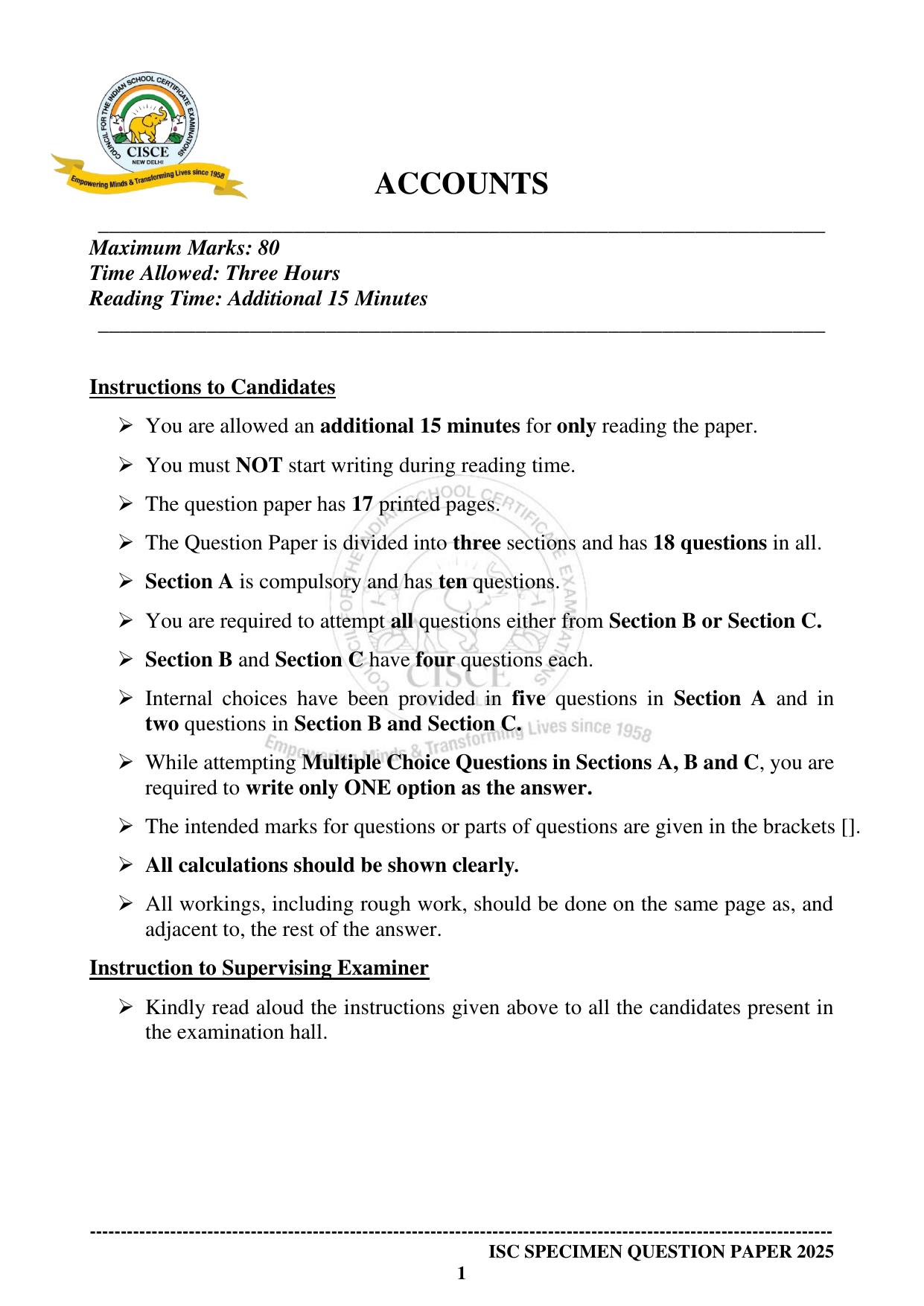 ISC Class 12 2025 ACCOUNTS (SQP & AK) Specimen Paper - Page 1