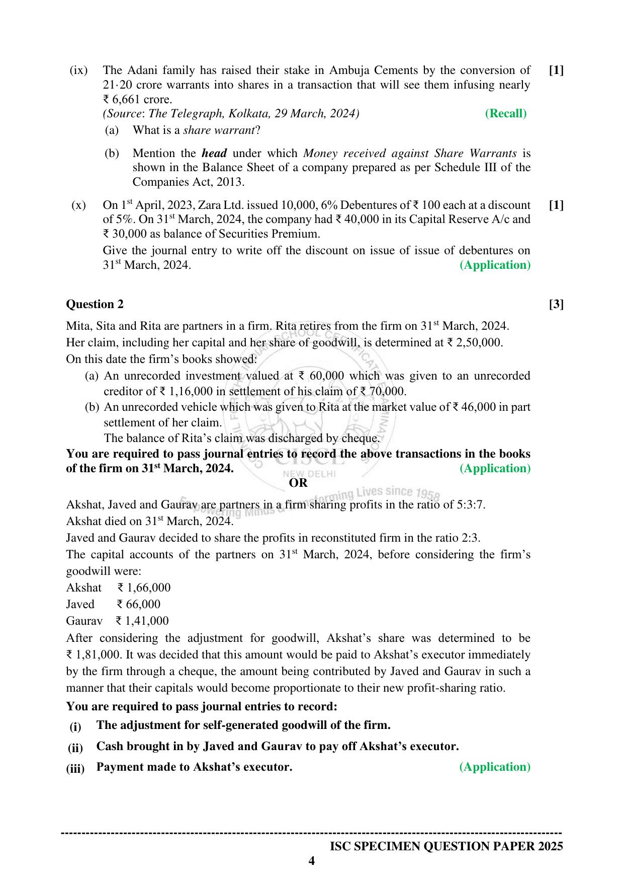 ISC Class 12 2025 ACCOUNTS (SQP & AK) Specimen Paper - Page 4