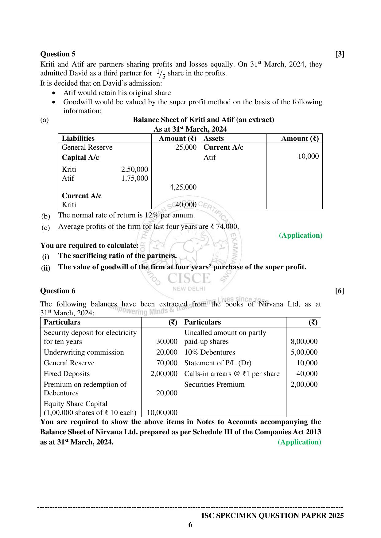 ISC Class 12 2025 ACCOUNTS (SQP & AK) Specimen Paper - Page 6
