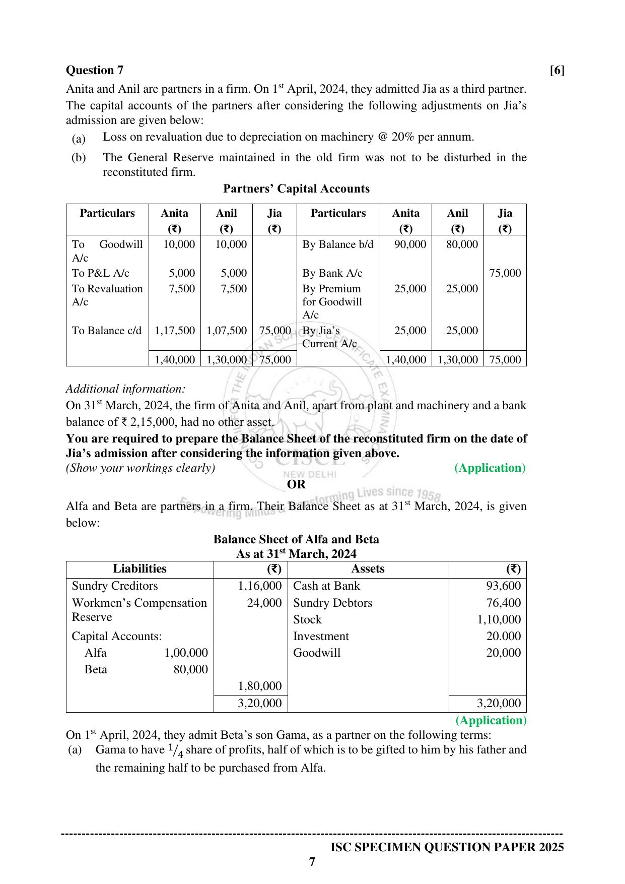 ISC Class 12 2025 ACCOUNTS (SQP & AK) Specimen Paper - Page 7