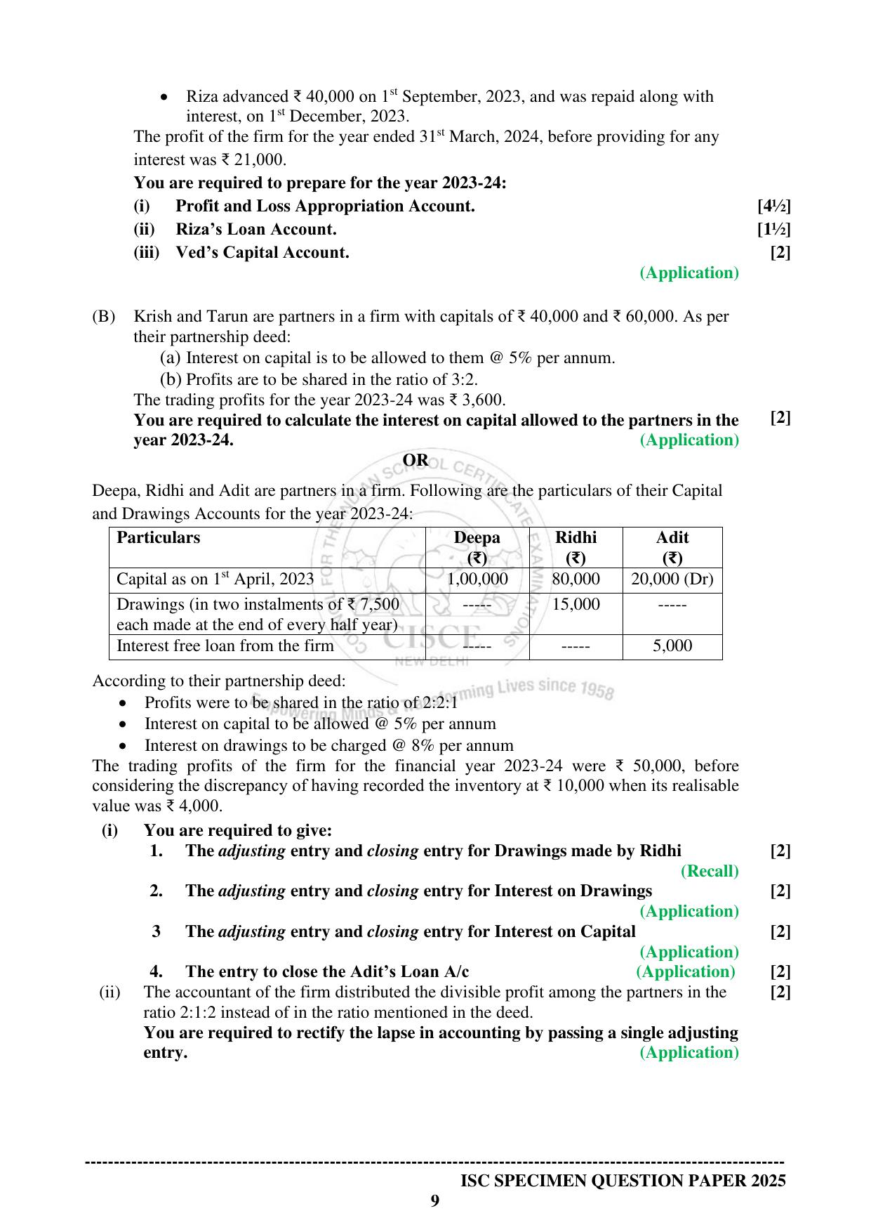 ISC Class 12 2025 ACCOUNTS (SQP & AK) Specimen Paper - Page 9