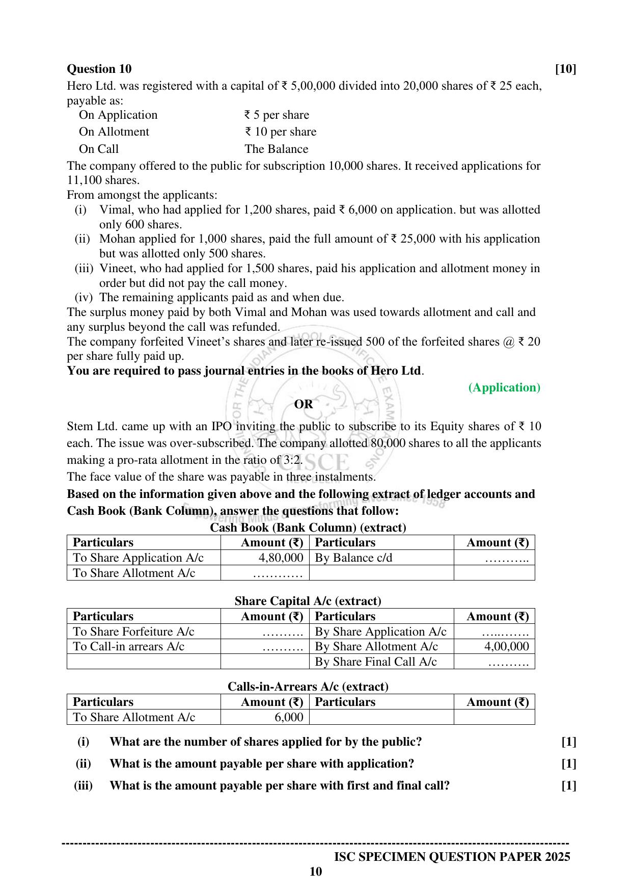 ISC Class 12 2025 ACCOUNTS (SQP & AK) Specimen Paper - Page 10