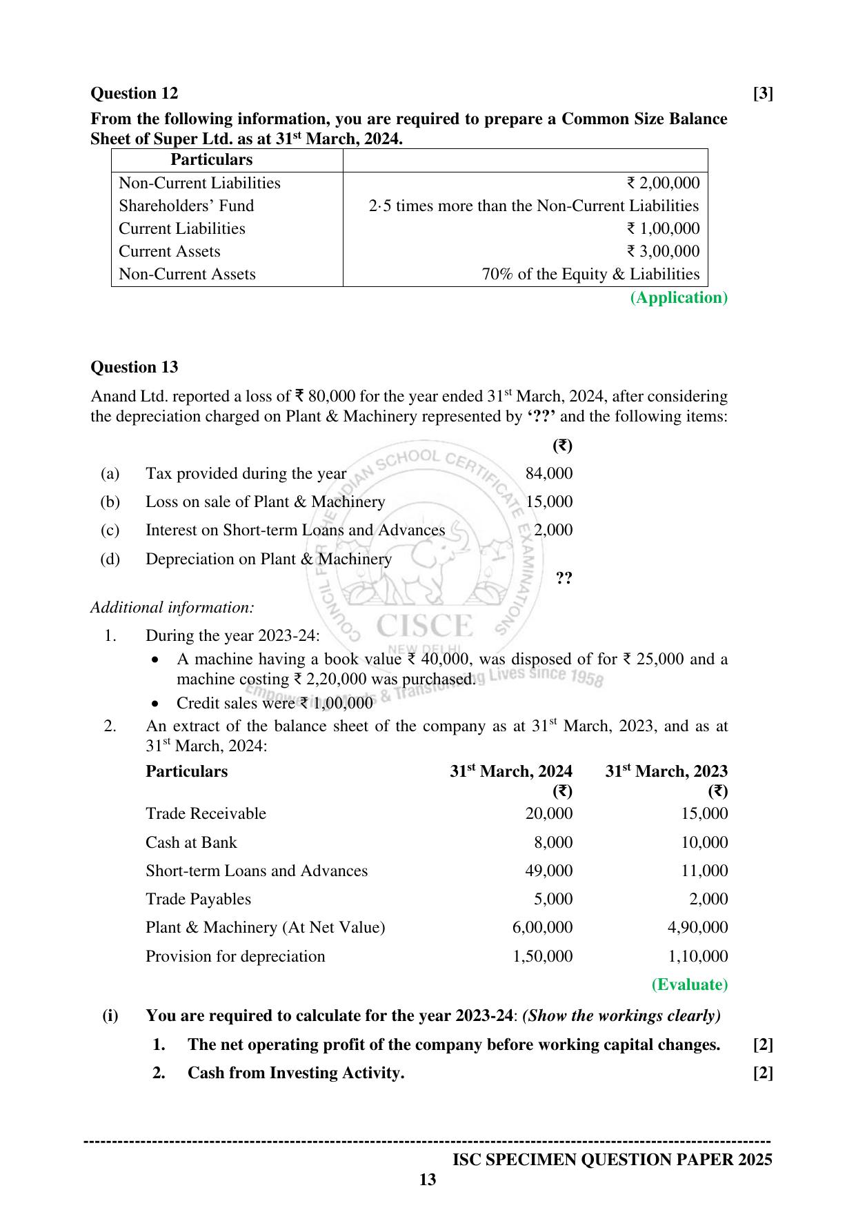 ISC Class 12 2025 ACCOUNTS (SQP & AK) Specimen Paper - Page 13
