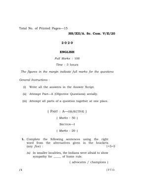 Meghalaya Board (MBOSE) Class 12 ENGLISH 2020 Question Paper
