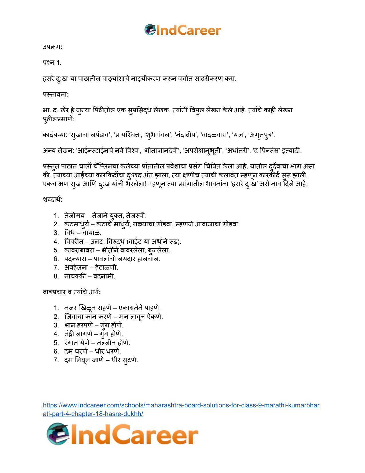 Maharashtra Board Solutions for Class 9- Marathi Kumarbharati (Part- 4): Chapter 18- हसरे दुःख - Page 31