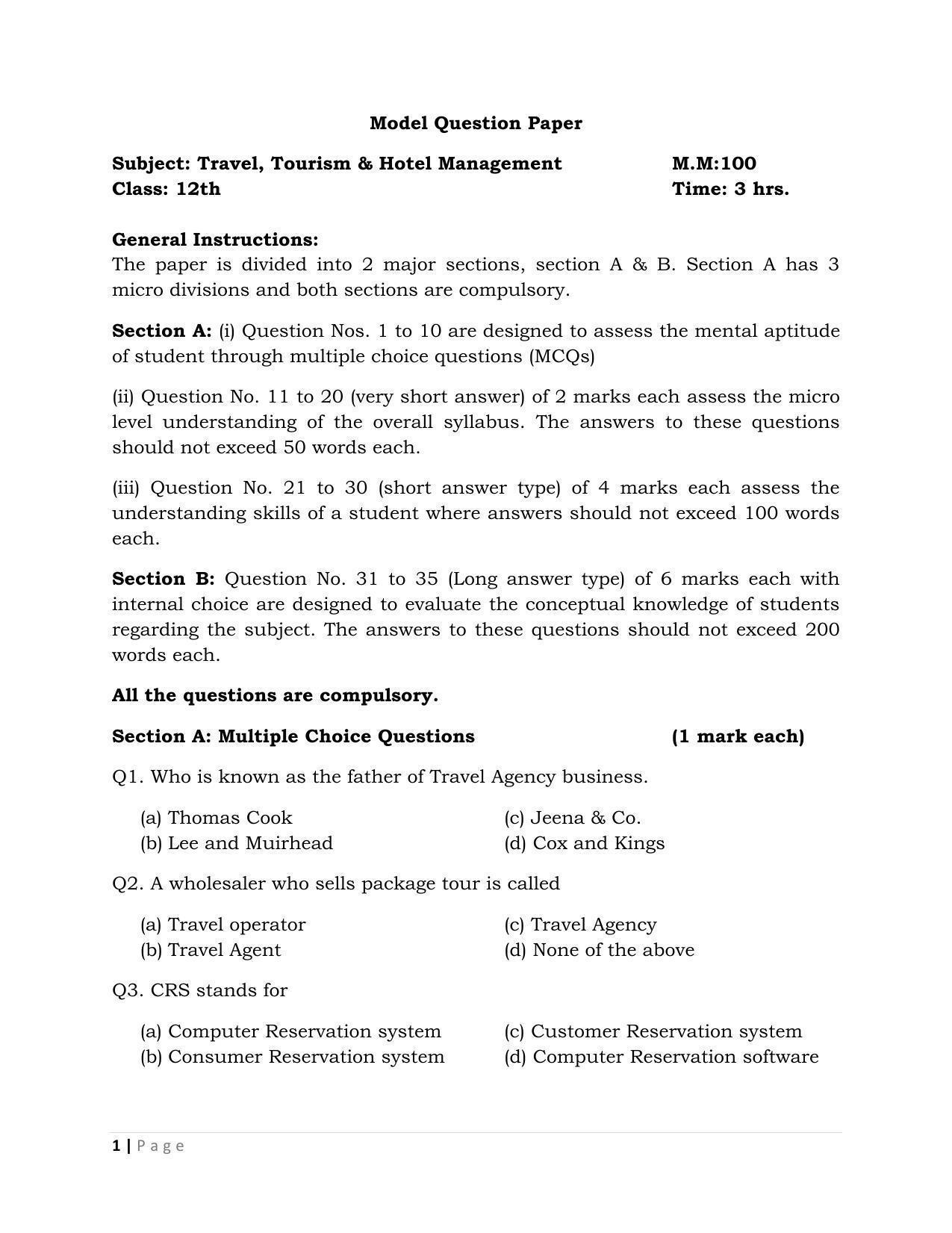 JKBOSE Class 12 Tourism and Hotel Management Model Question Paper 2023 - Page 1
