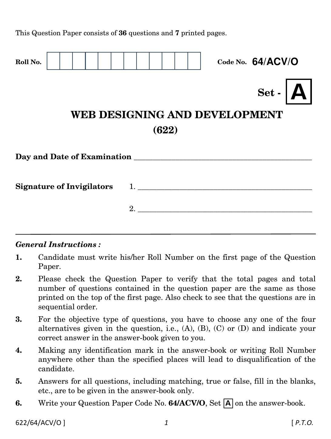 NIOS October 2022 Class 12 Web Designing And Development Question Paper - Page 1