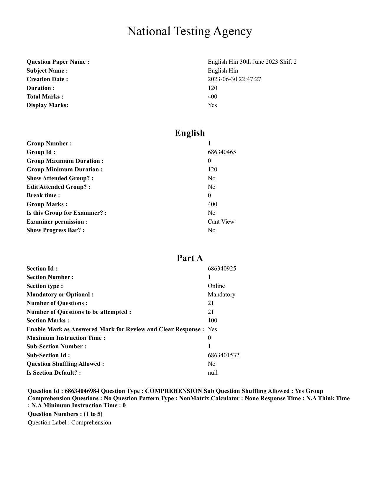 CUET PG 2023: LAQP01 – English (Hin) - Shift 2 (30-06-2023) Question Paper - Page 1
