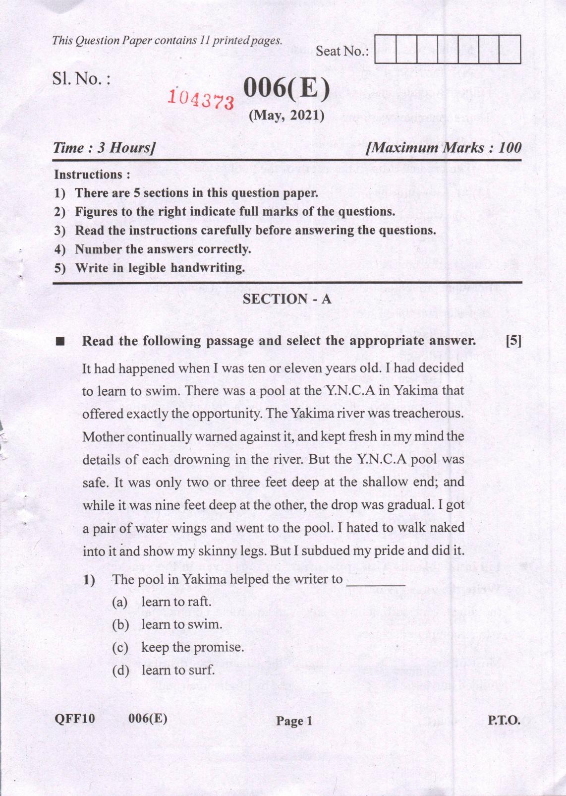 Gujarat Board Class 12th Question Paper 2021: (F.L) English - Page 1