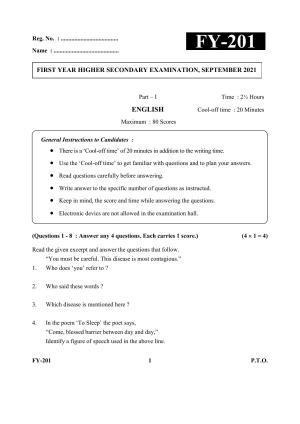 Kerala Plus One 2021 English Question Papers