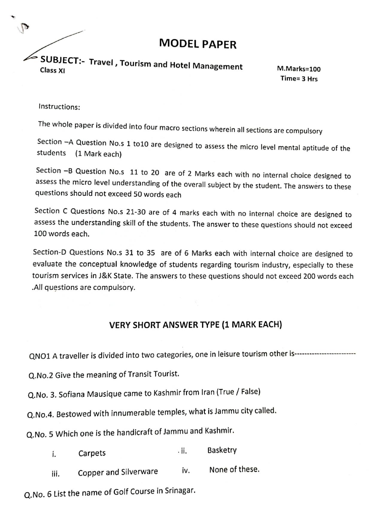 JKBOSE Class 11 Travel & Tourism Management Model Question Paper - Page 1