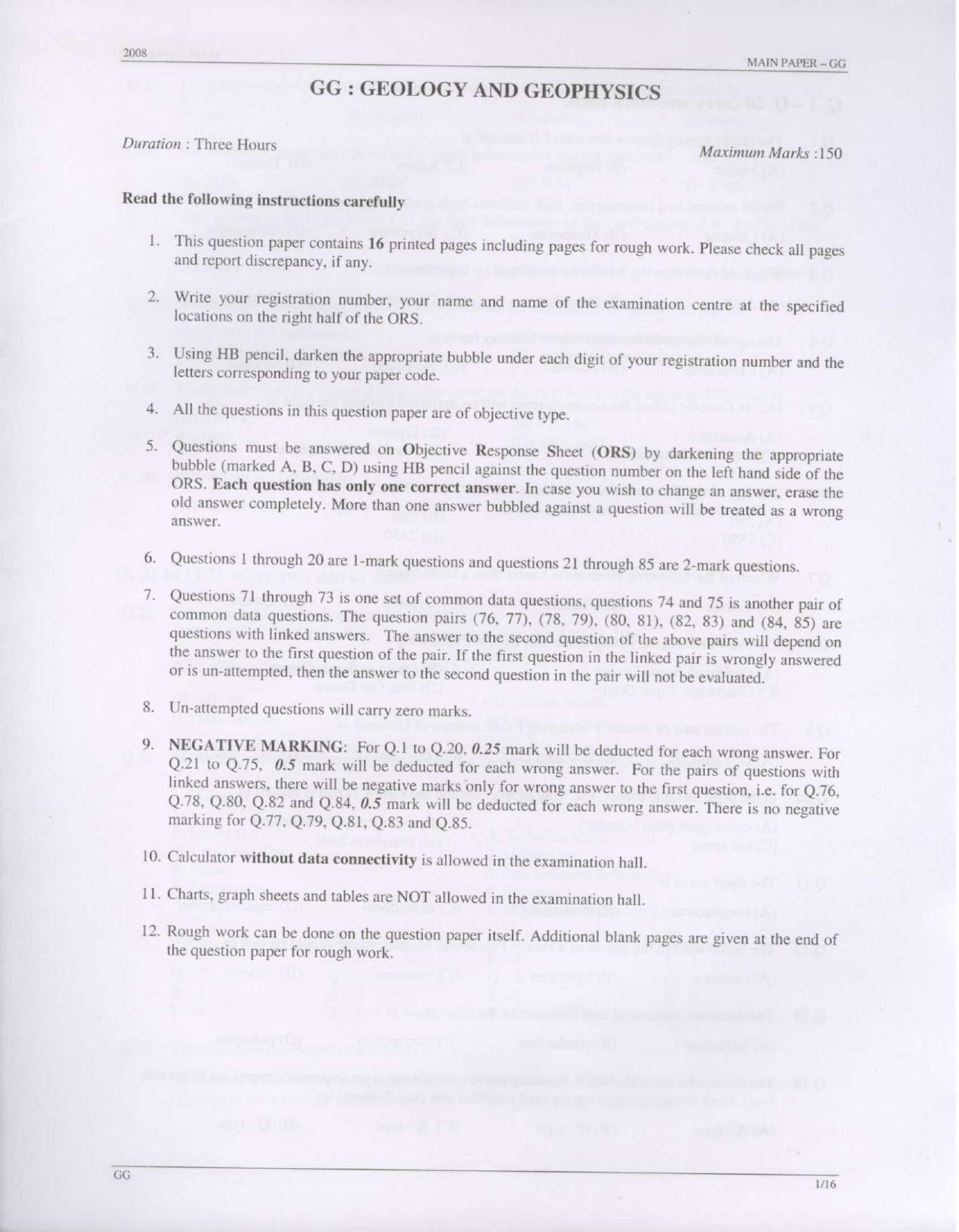 GATE 2008 Geology and Geophysics (GG) Question Paper with Answer Key - Page 1