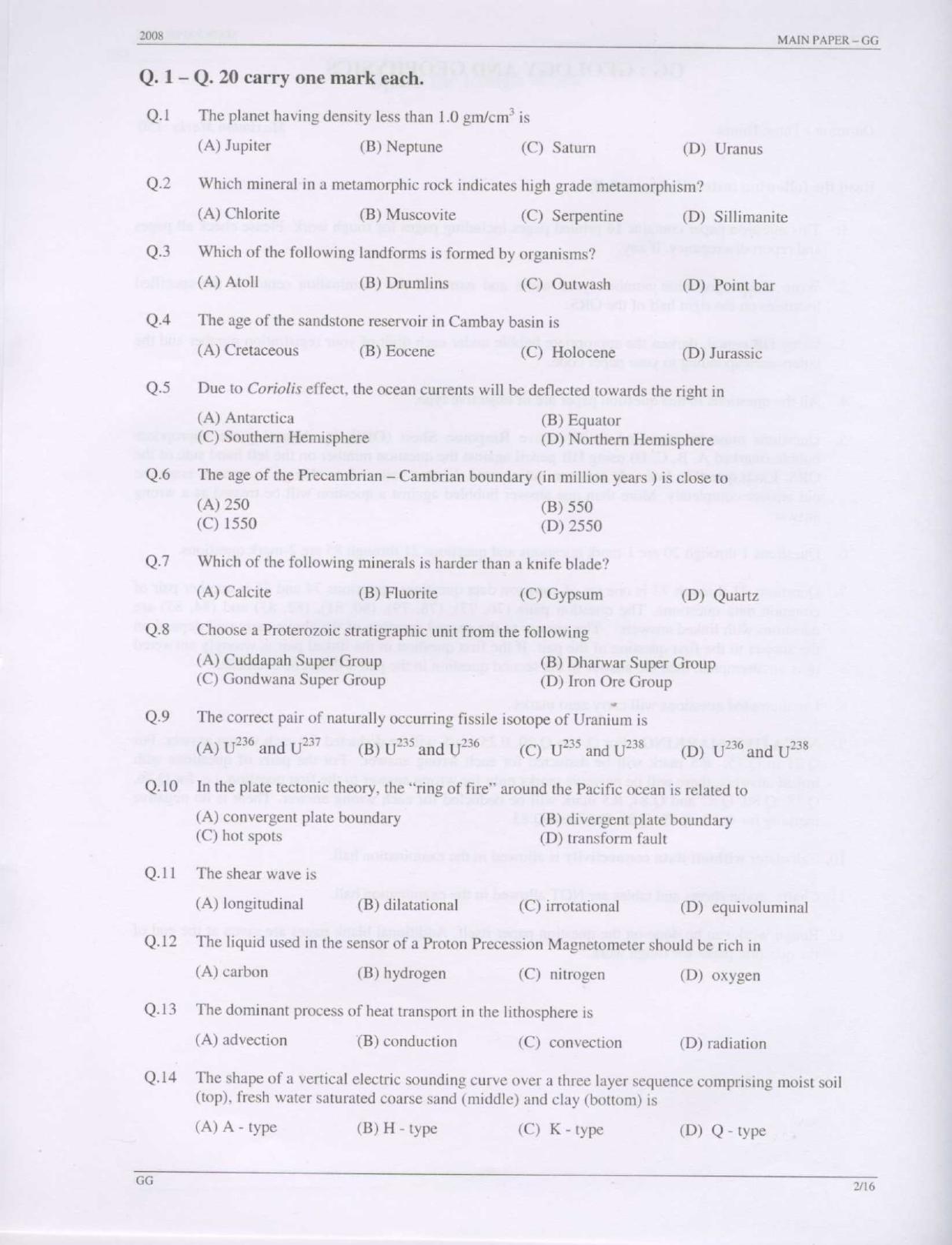 GATE 2008 Geology and Geophysics (GG) Question Paper with Answer Key - Page 2