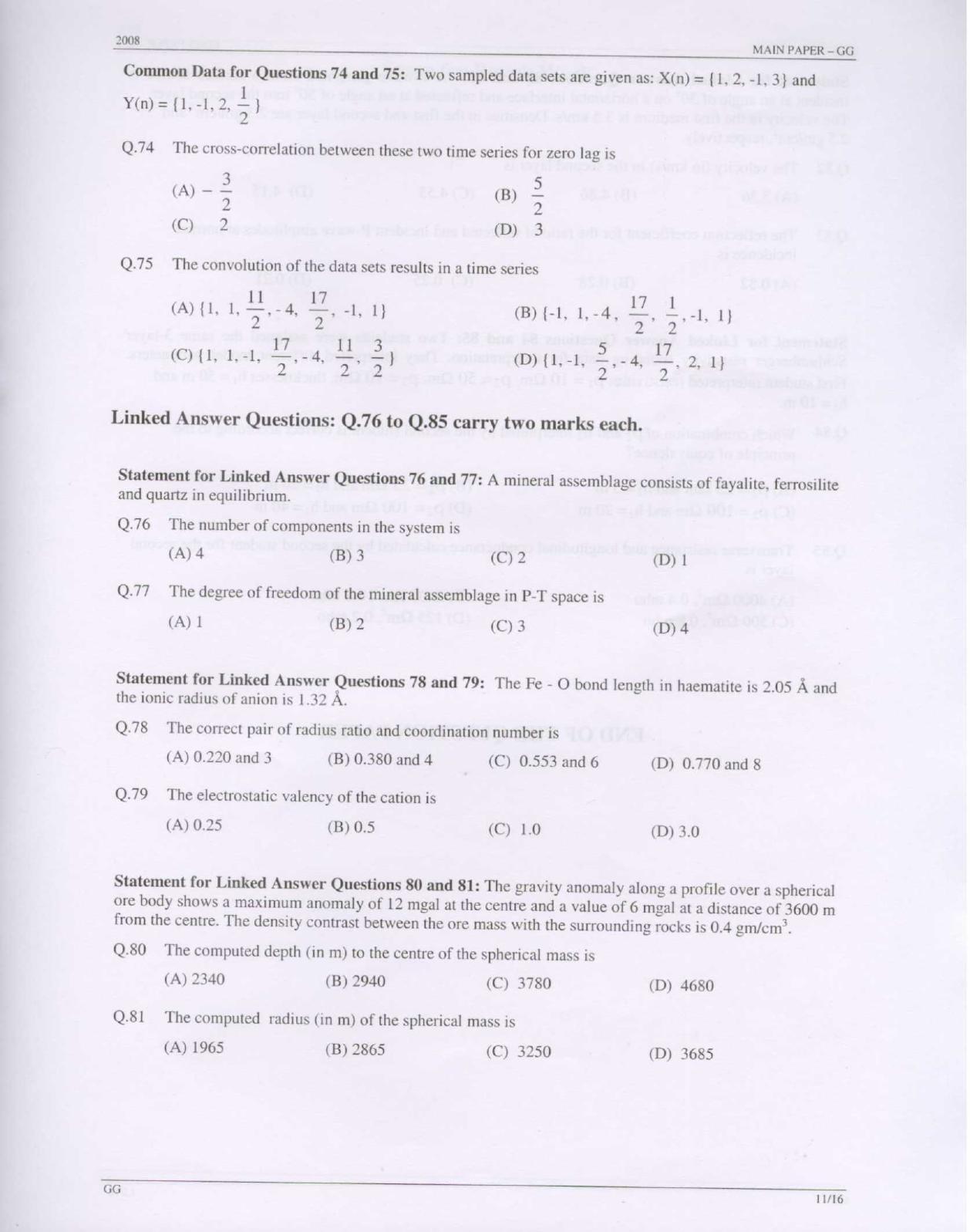 GATE 2008 Geology and Geophysics (GG) Question Paper with Answer Key - Page 11
