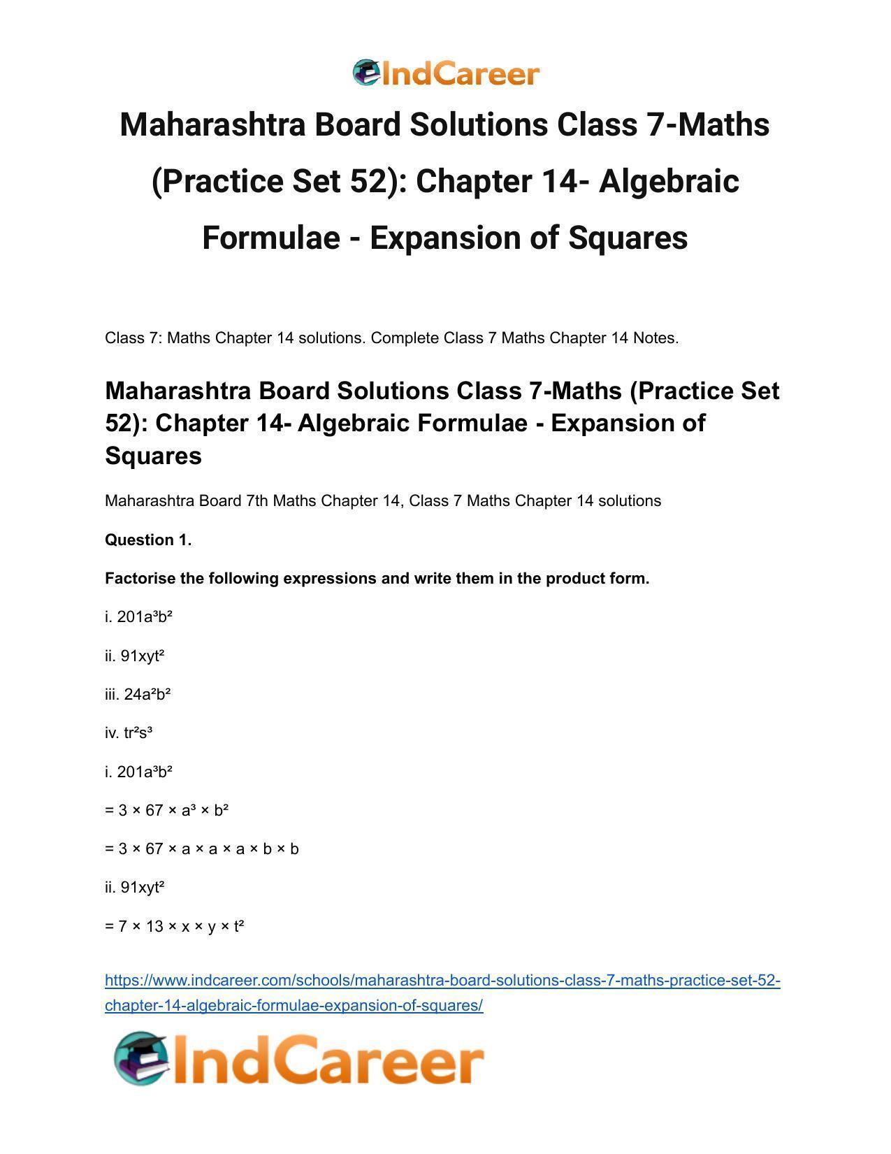 Maharashtra Board Solutions Class 7-Maths (Practice Set 52): Chapter 14- Algebraic Formulae - Expansion of Squares - Page 2