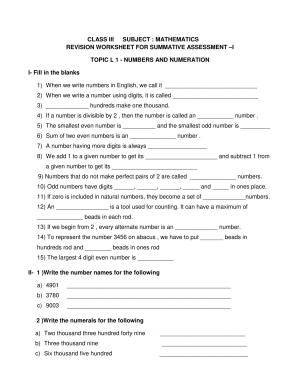 Worksheet for Class 3 Mathematics Numbers and Numeration Assignment