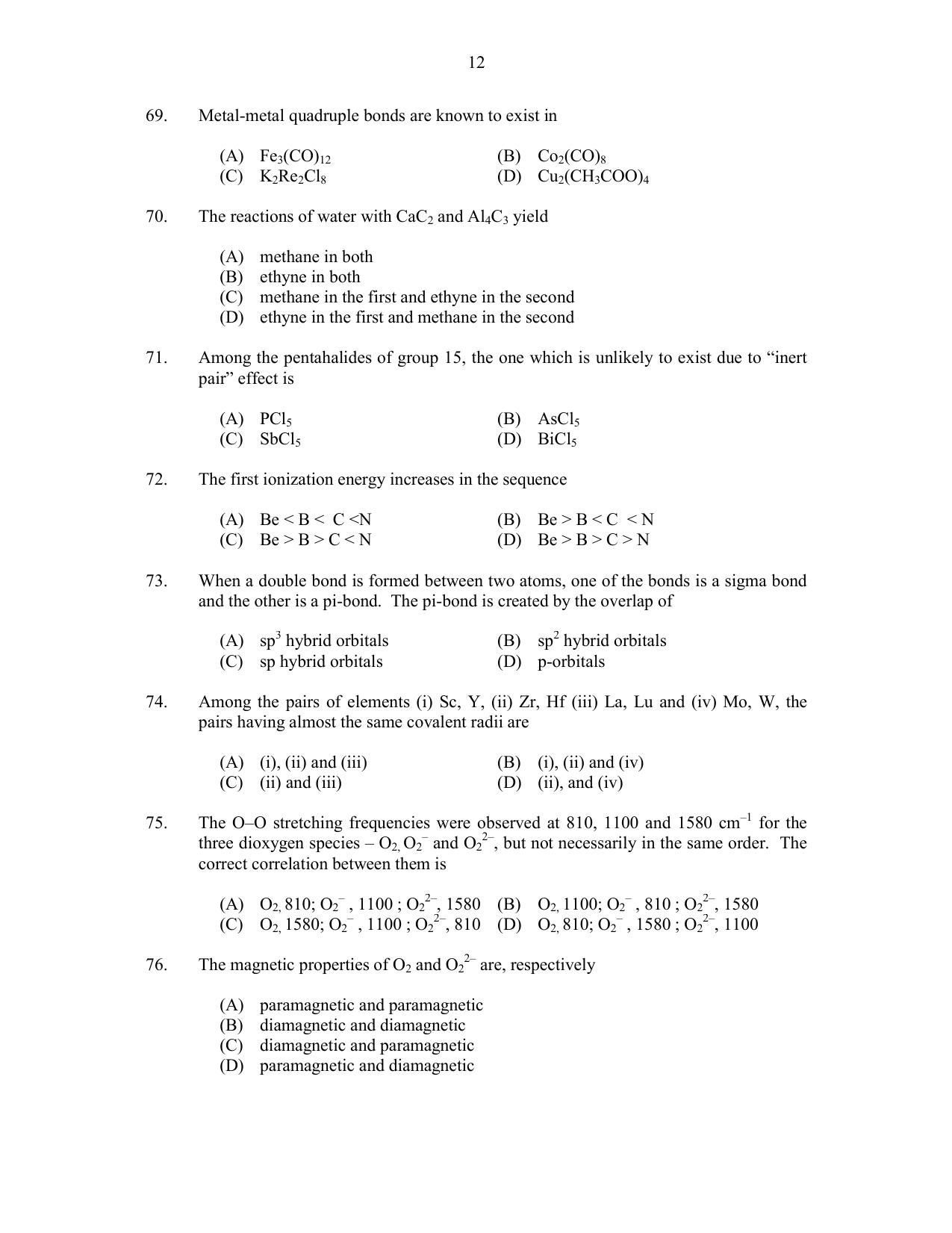 CUSAT CAT 2017 Chemistry Pg Question Paper - Page 12