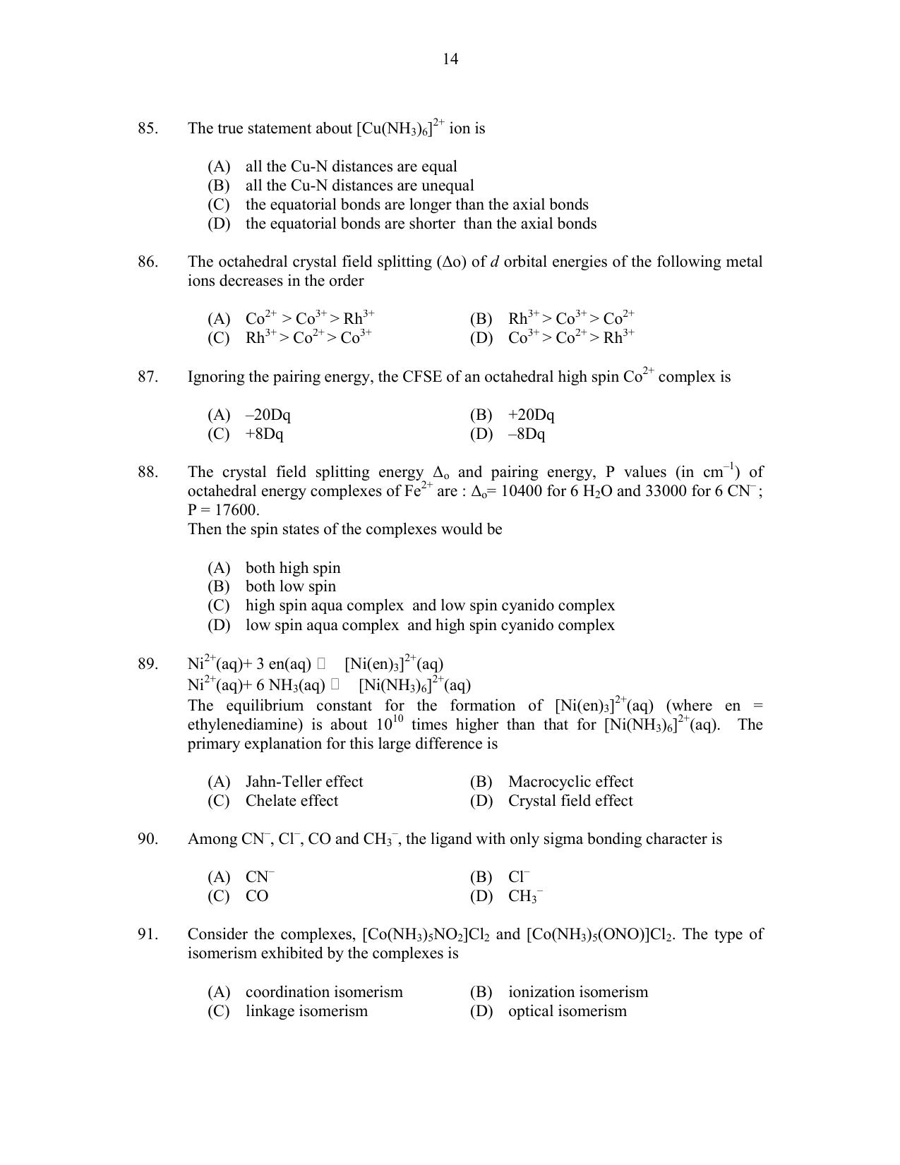 CUSAT CAT 2017 Chemistry Pg Question Paper - Page 14