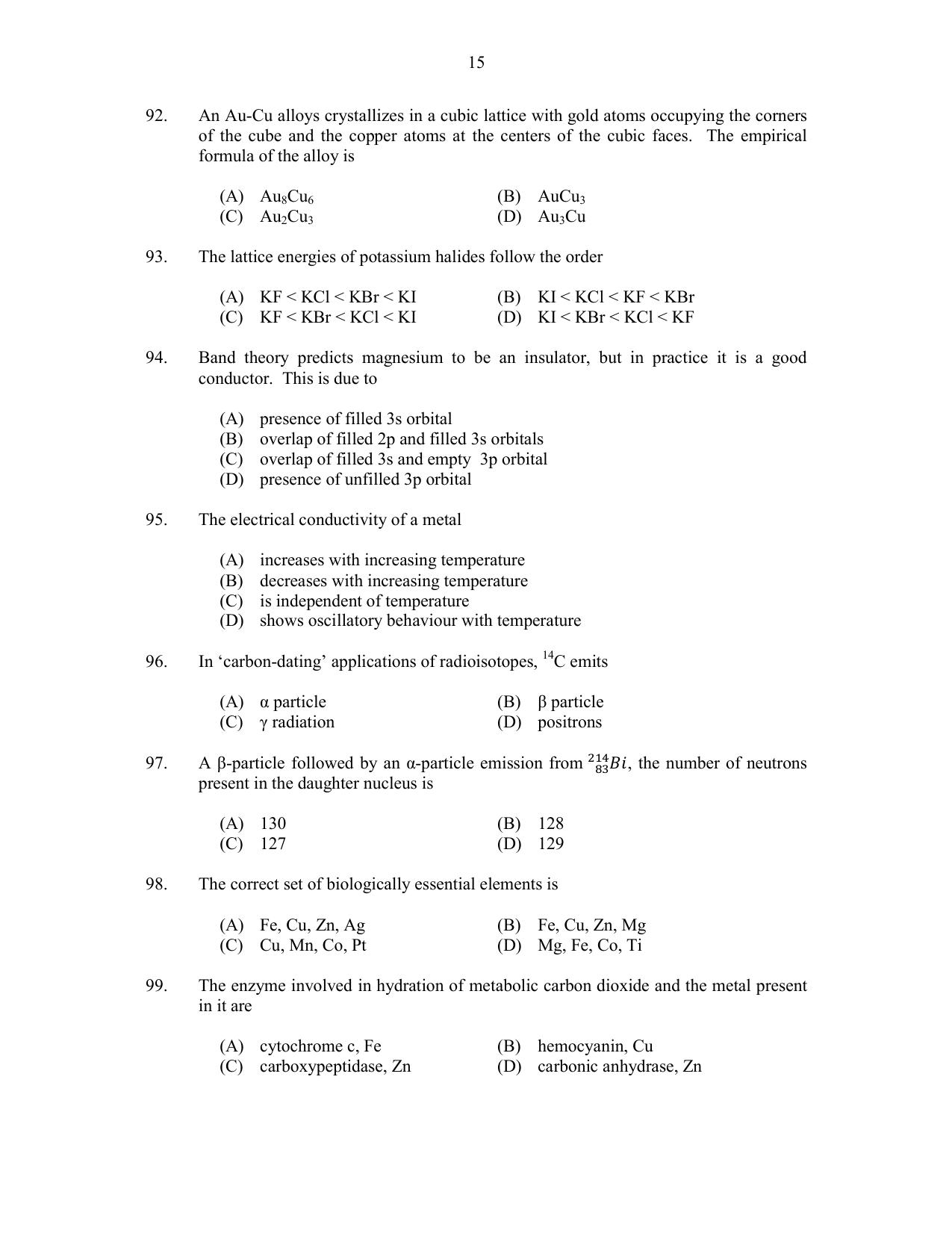 CUSAT CAT 2017 Chemistry Pg Question Paper - Page 15