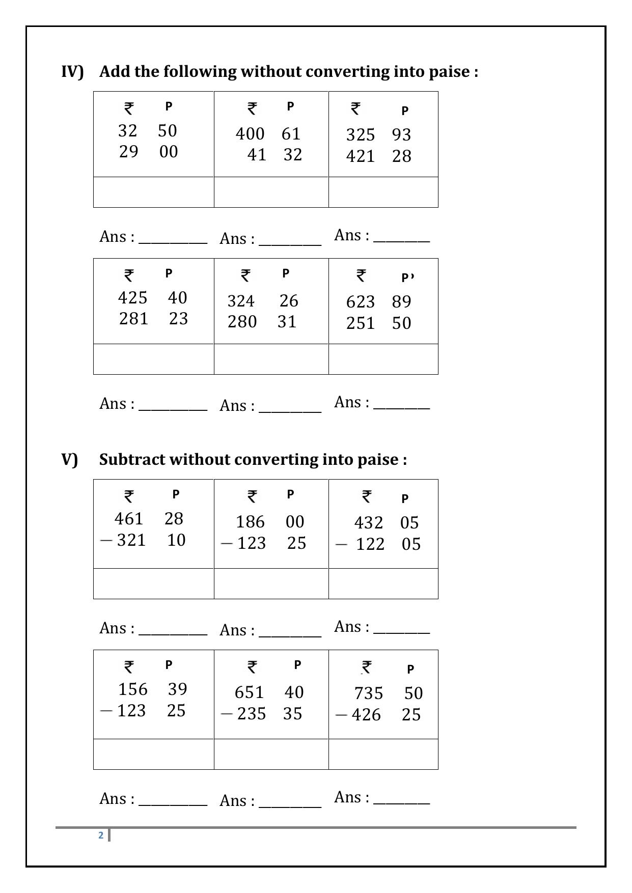 Worksheet for Class 3 Mathematics Indian Currency Assignment - Page 2
