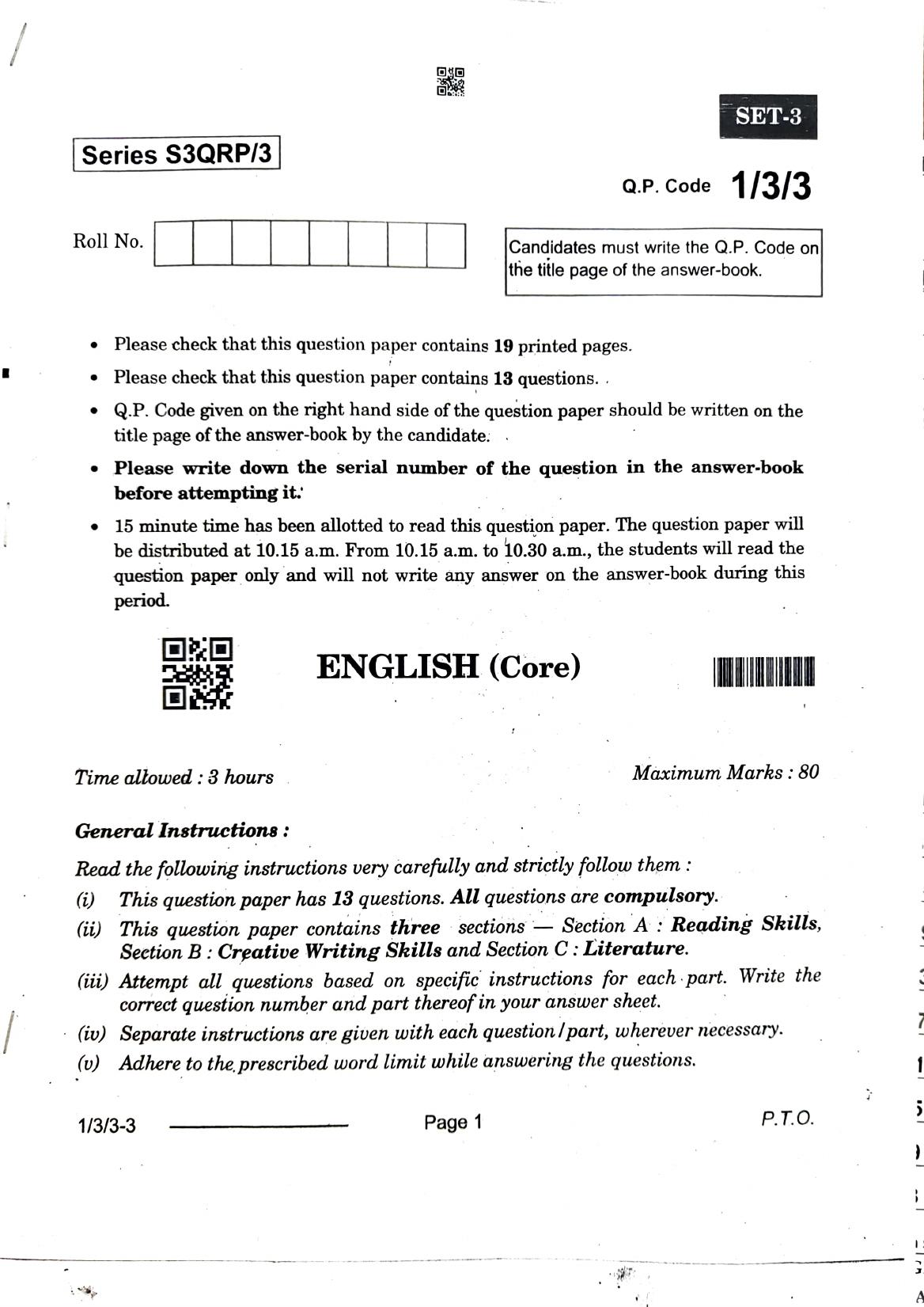 1/3/3 English Core Set 3 2024 Question Paper - Page 1