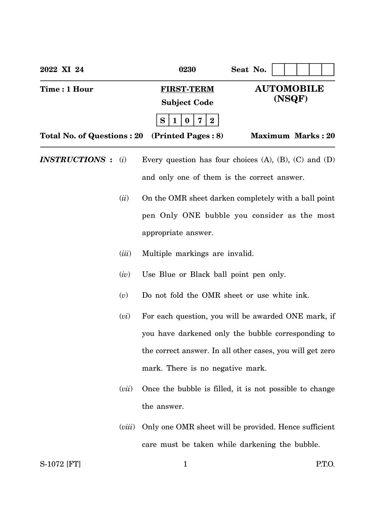 Goa Board Class 10 Automobile (November 2022) Question Paper - Page 1