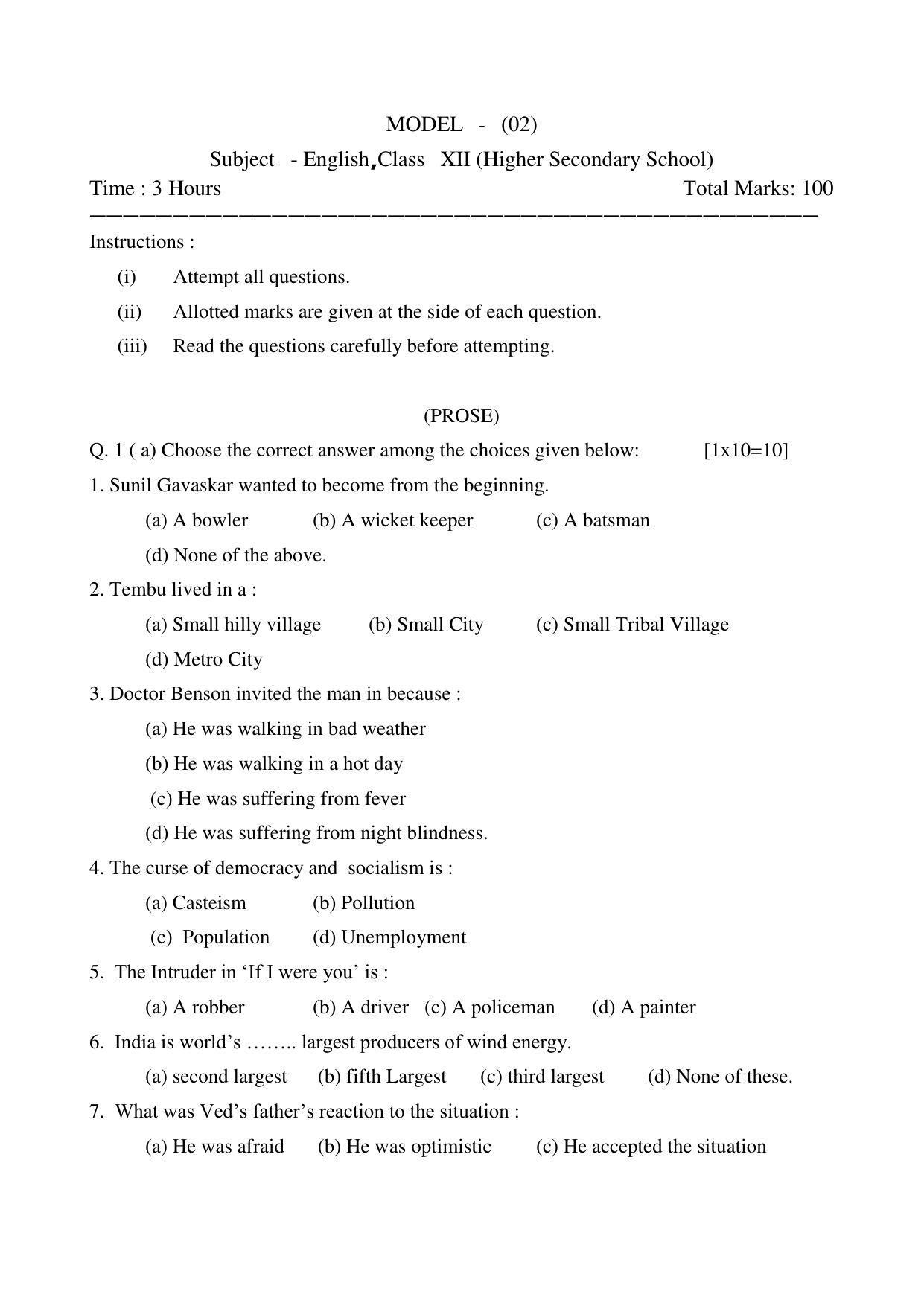 CGSOS Class 12 English Paper II Model Paper - Page 1
