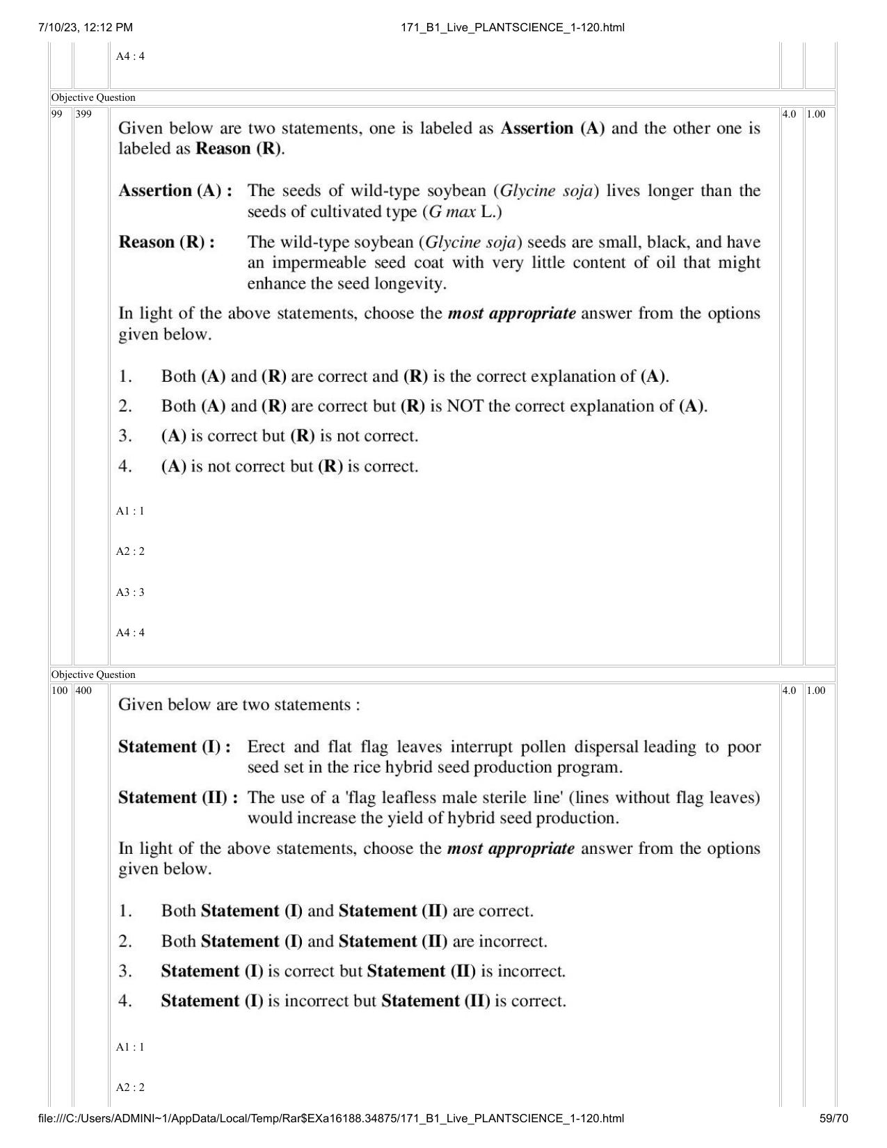 ICAR AIEEA PG 2023 PLANT SCIENCES Question Paper - Page 59