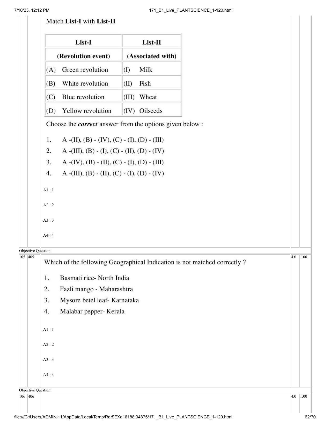 ICAR AIEEA PG 2023 PLANT SCIENCES Question Paper - Page 62