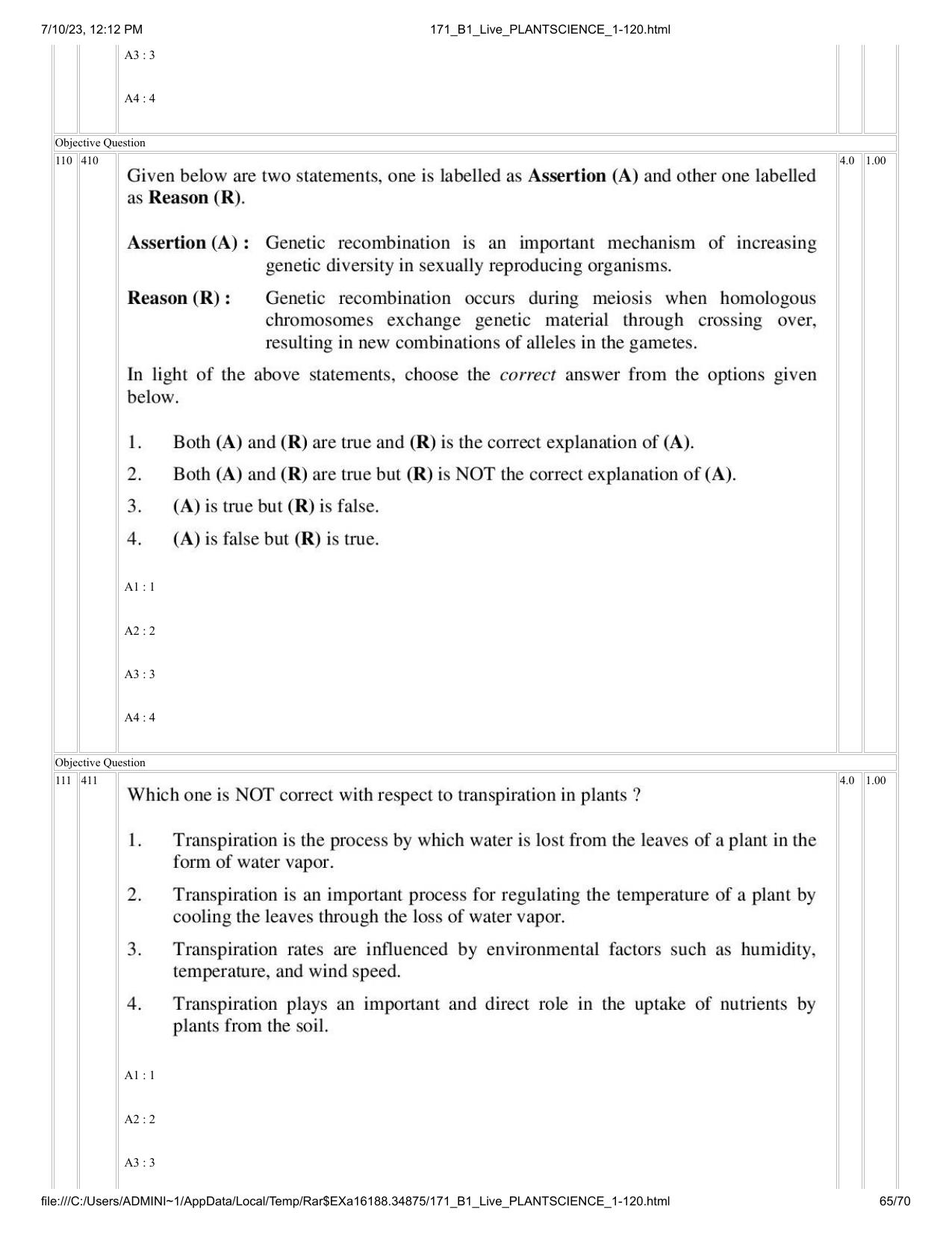 ICAR AIEEA PG 2023 PLANT SCIENCES Question Paper - Page 65