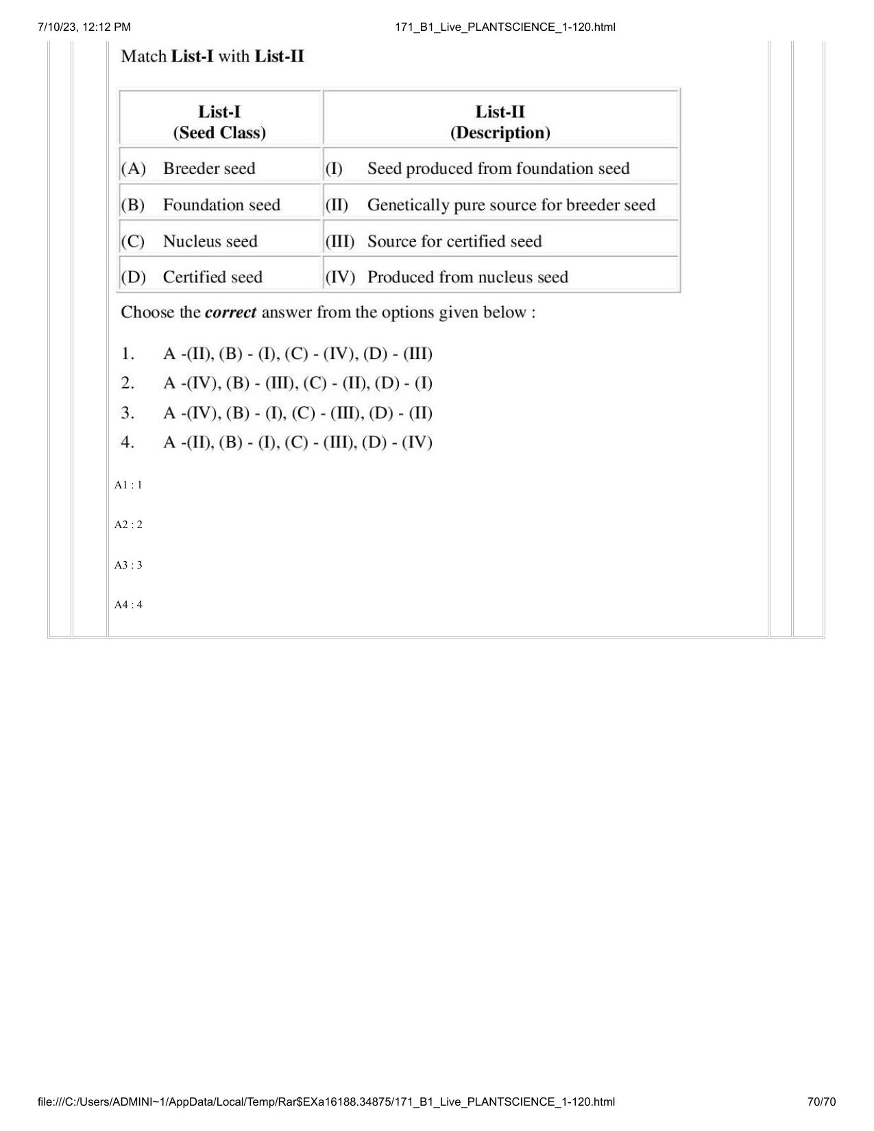 ICAR AIEEA PG 2023 PLANT SCIENCES Question Paper - Page 70