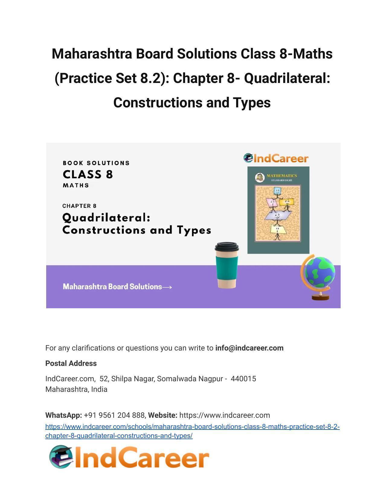 Maharashtra Board Solutions Class 8-Maths (Practice Set 8.2): Chapter 8- Quadrilateral: Constructions and Types - Page 1
