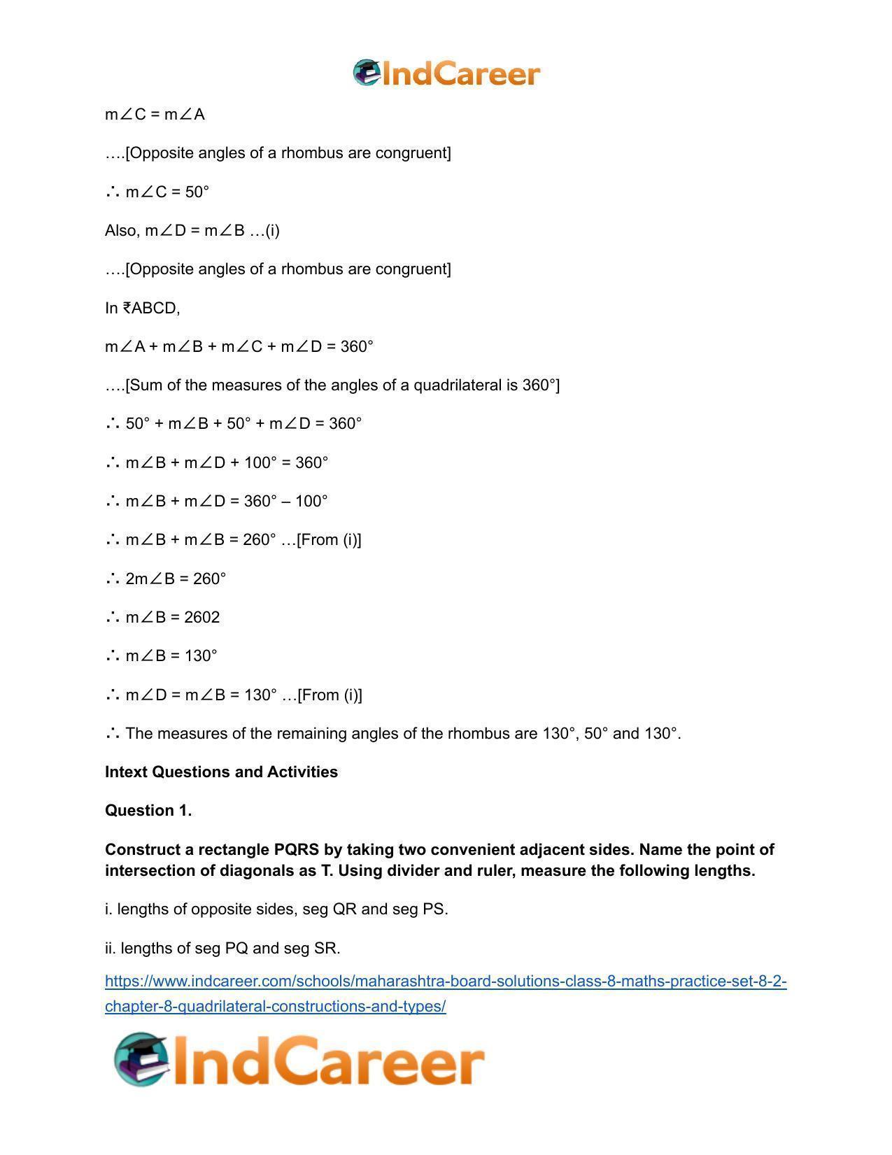 Maharashtra Board Solutions Class 8-Maths (Practice Set 8.2): Chapter 8- Quadrilateral: Constructions and Types - Page 10