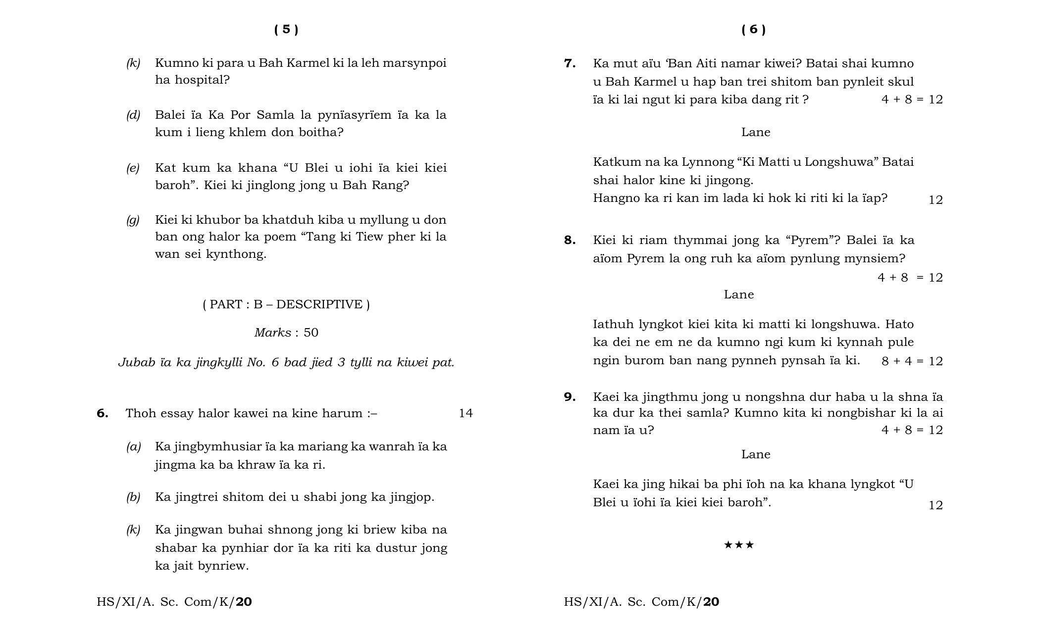 Meghalaya Board (MBOSE) Class 11 Khasi MIL 2020 Question Paper - Page 3